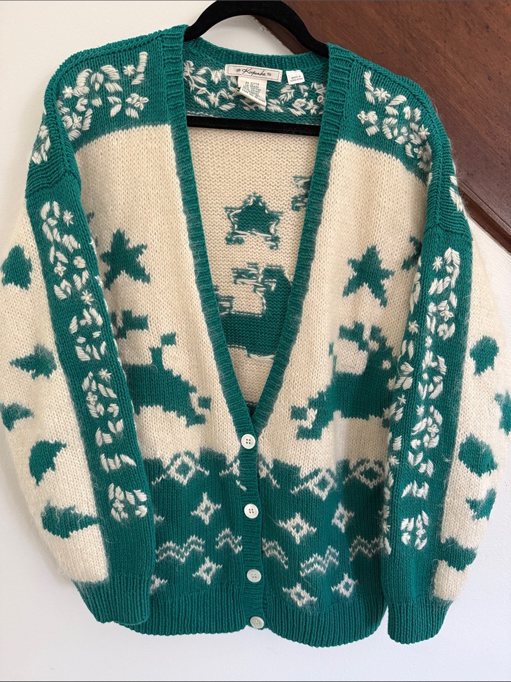 Vintage 1980s Deer graphic Green/Teal and Cream Patterned Button-Up Cardigan